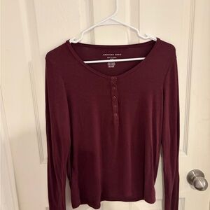 American Eagle Outfitters Maroon Buttoned Long Sleeve Tee